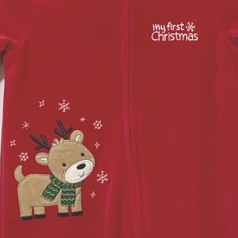 Little Me My First Christmas Sleeper 6‎ M Red Velour Reindeer Romper Playsuit